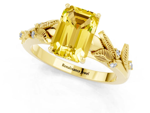 Yellow gold Emerald Cut Yellow Sapphire Solitaire Ring with Leaf Motif Band and Four-Prong Setting_1