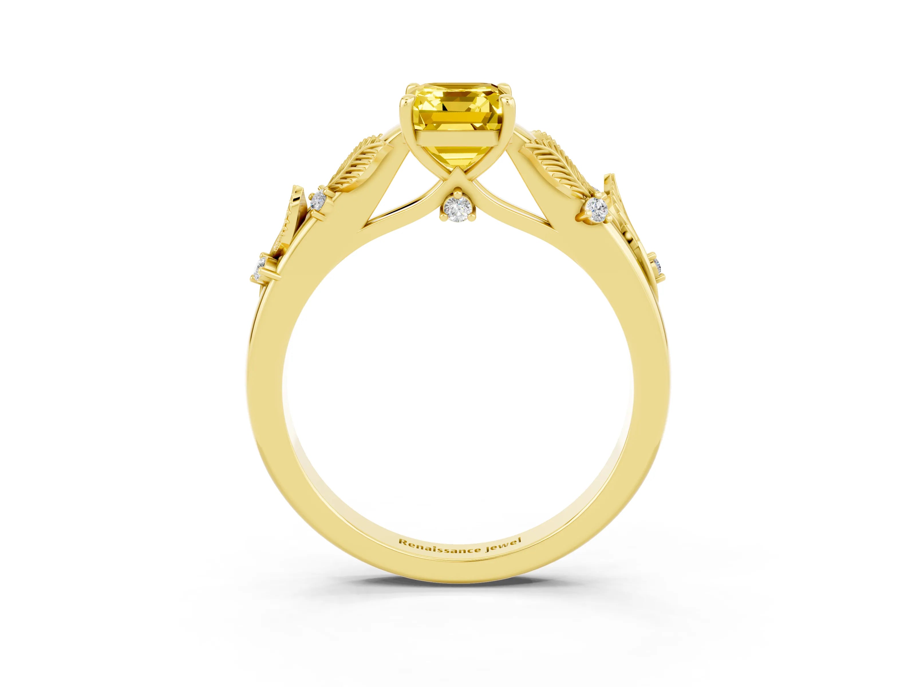 Yellow gold Emerald Cut Yellow Sapphire Solitaire Ring with Leaf Motif Band and Four-Prong Setting_3