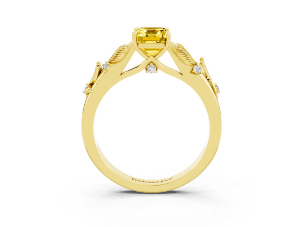 Yellow gold Emerald Cut Yellow Sapphire Solitaire Ring with Leaf Motif Band and Four-Prong Setting