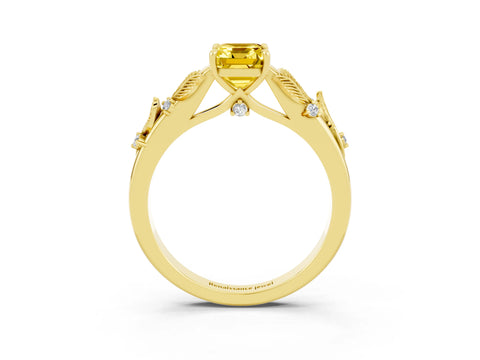 Yellow gold Emerald Cut Yellow Sapphire Solitaire Ring with Leaf Motif Band and Four-Prong Setting_3