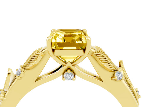 Yellow gold Emerald Cut Yellow Sapphire Solitaire Ring with Leaf Motif Band and Four-Prong Setting_4