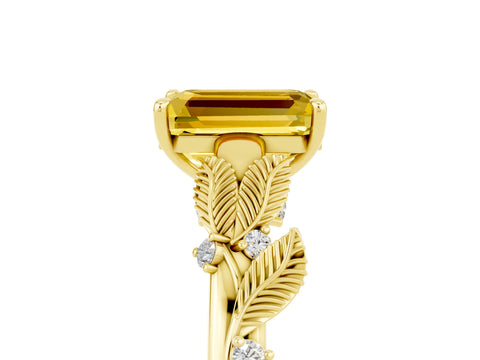 Yellow gold Emerald Cut Yellow Sapphire Solitaire Ring with Leaf Motif Band and Four-Prong Setting_5