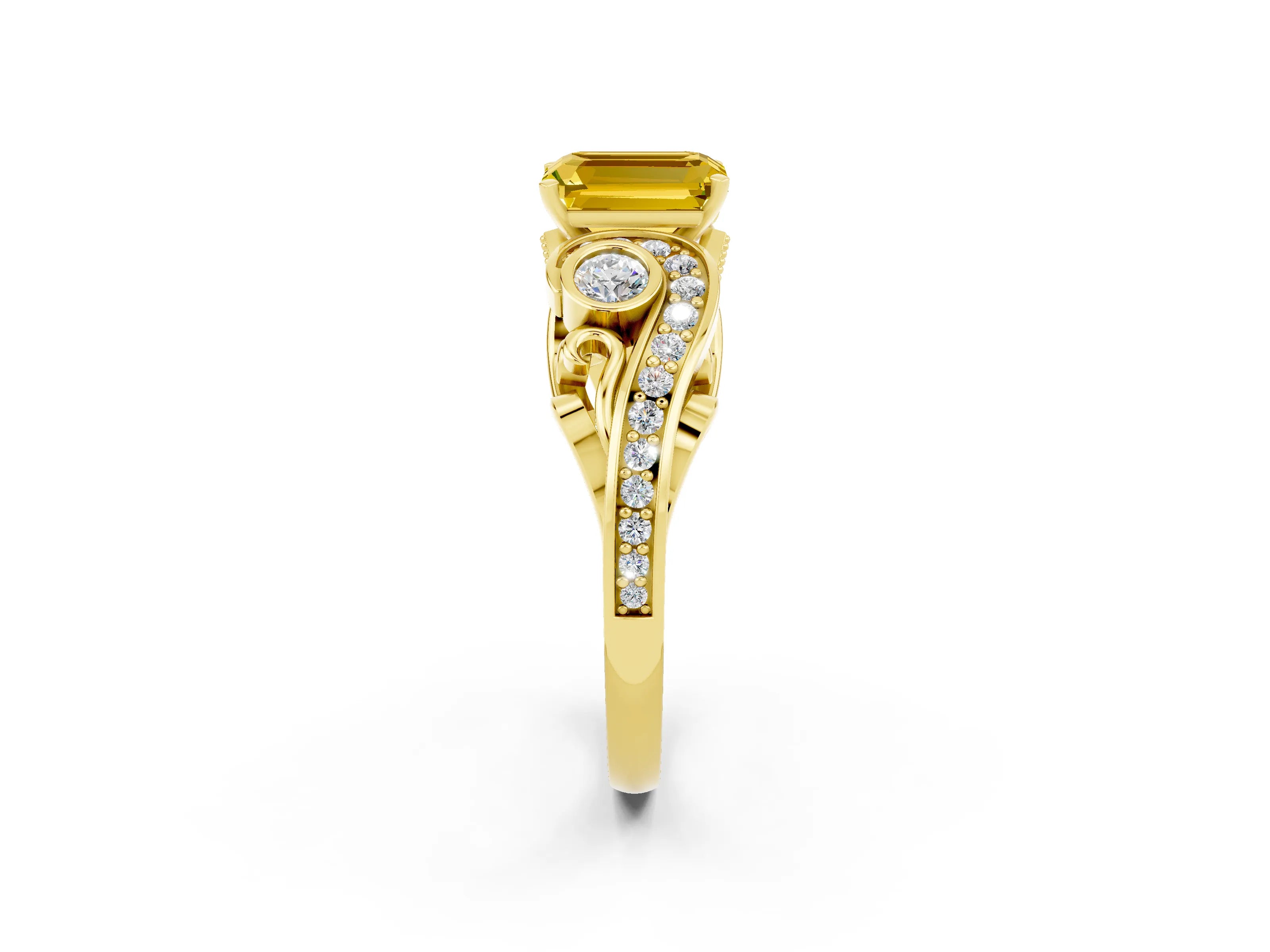 Yellow gold Emerald Cut Yellow Sapphire Solitaire Ring with Milgrain Pavé Band and Four-Prong Setting_26