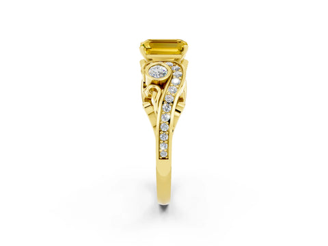 Yellow gold Emerald Cut Yellow Sapphire Solitaire Ring with Milgrain Pavé Band and Four-Prong Setting_26