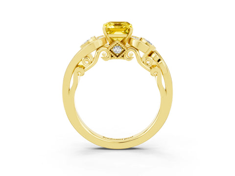 Yellow gold Emerald Cut Yellow Sapphire Solitaire Ring with Milgrain Pavé Band and Four-Prong Setting_27
