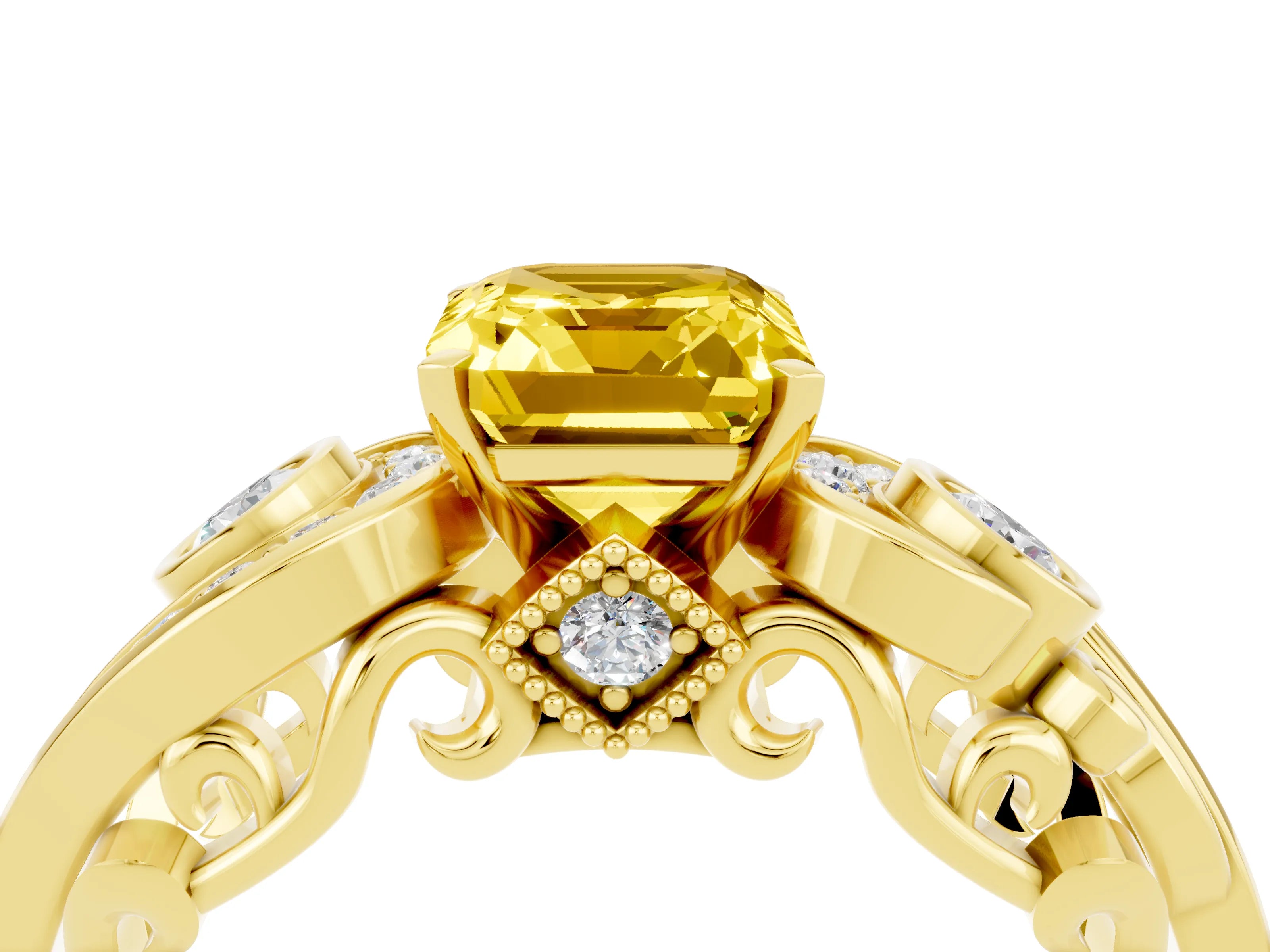 Yellow gold Emerald Cut Yellow Sapphire Solitaire Ring with Milgrain Pavé Band and Four-Prong Setting_28