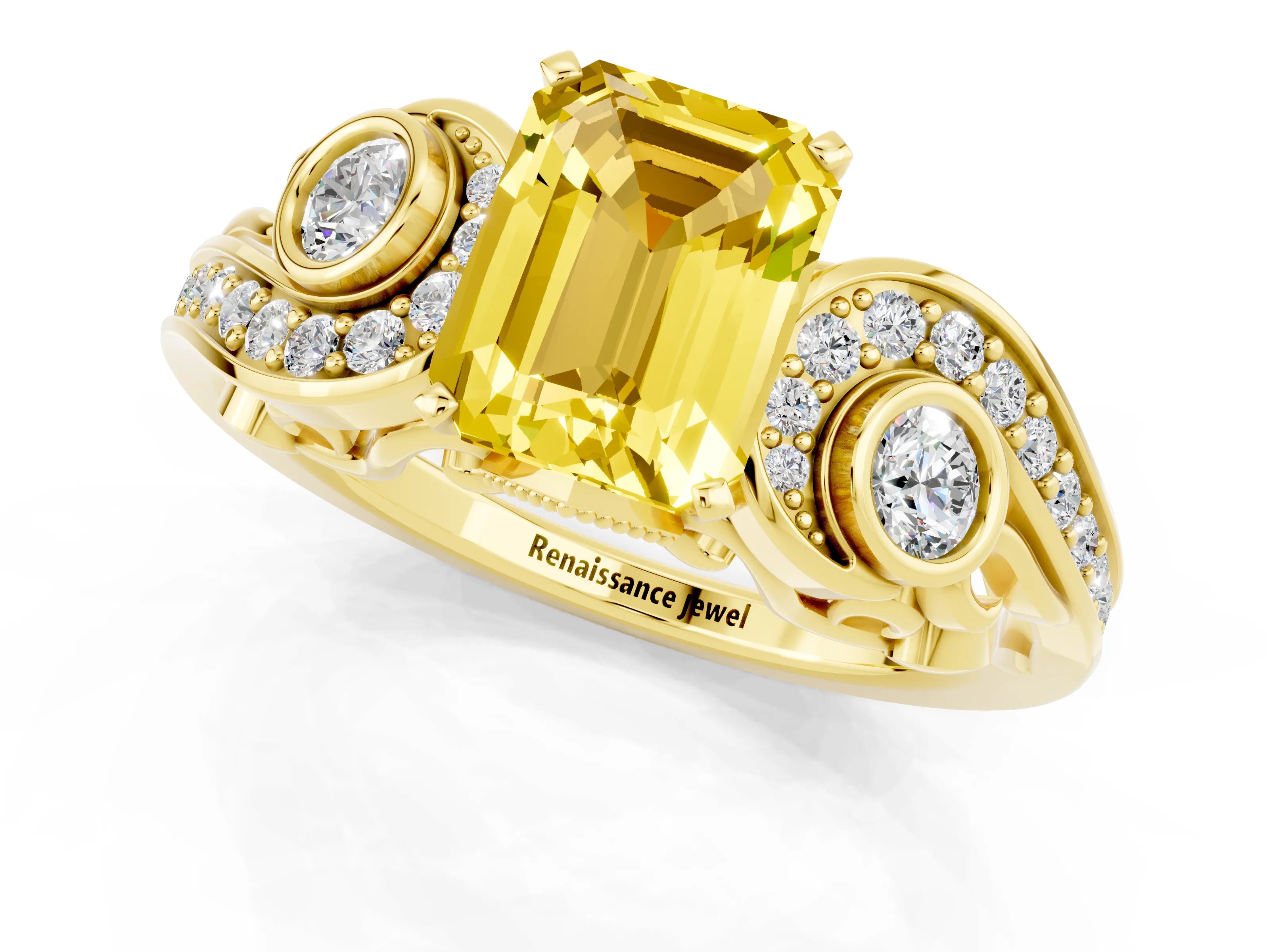 Yellow gold Emerald Cut Yellow Sapphire Solitaire Ring with Milgrain Pavé Band and Four-Prong Setting_33