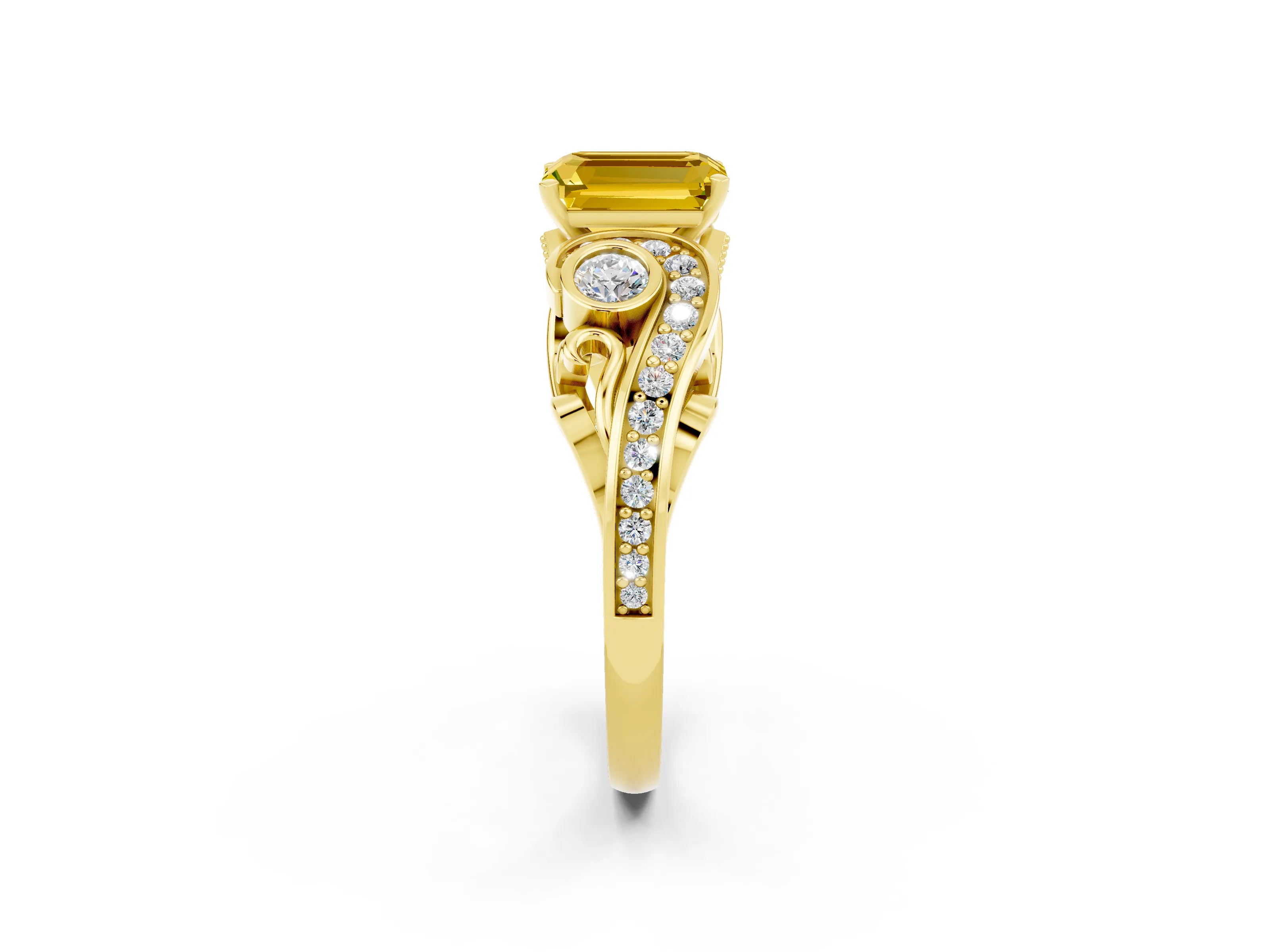 Yellow gold Emerald Cut Yellow Sapphire Solitaire Ring with Milgrain Pavé Band and Four-Prong Setting_34