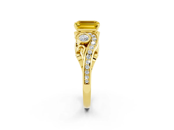 Yellow gold Emerald Cut Yellow Sapphire Solitaire Ring with Milgrain Pavé Band and Four-Prong Setting
