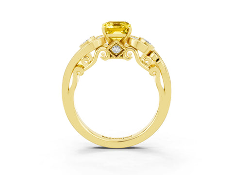 Yellow gold Emerald Cut Yellow Sapphire Solitaire Ring with Milgrain Pavé Band and Four-Prong Setting_35