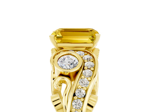 Yellow gold Emerald Cut Yellow Sapphire Solitaire Ring with Milgrain Pavé Band and Four-Prong Setting_37