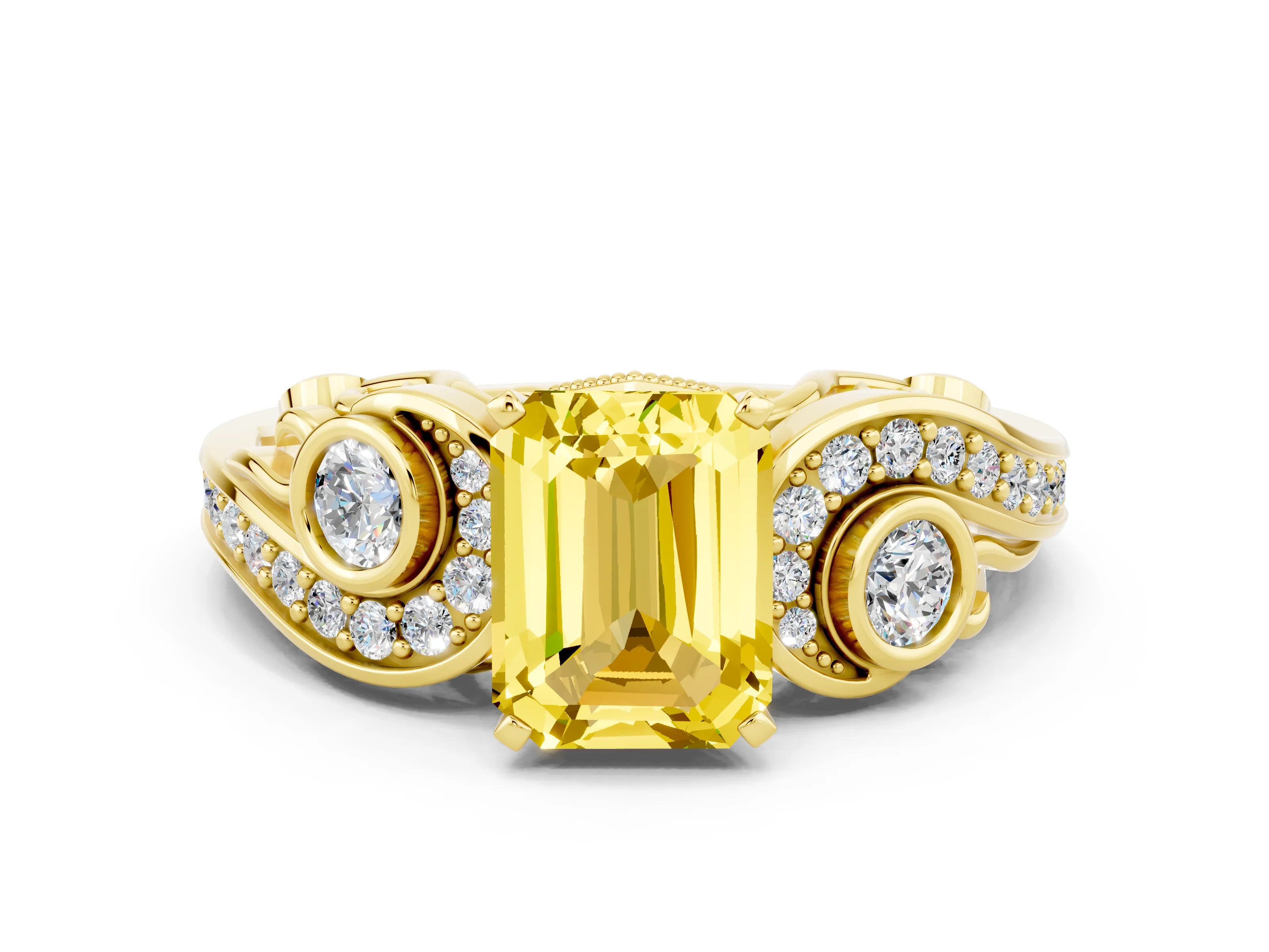 Yellow gold Emerald Cut Yellow Sapphire Solitaire Ring with Milgrain Pavé Band and Four-Prong Setting_44