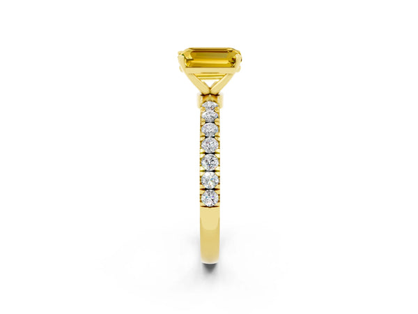Yellow gold Emerald Cut Yellow Sapphire Solitaire Ring with Pavé Accents and Four-Prong Setting