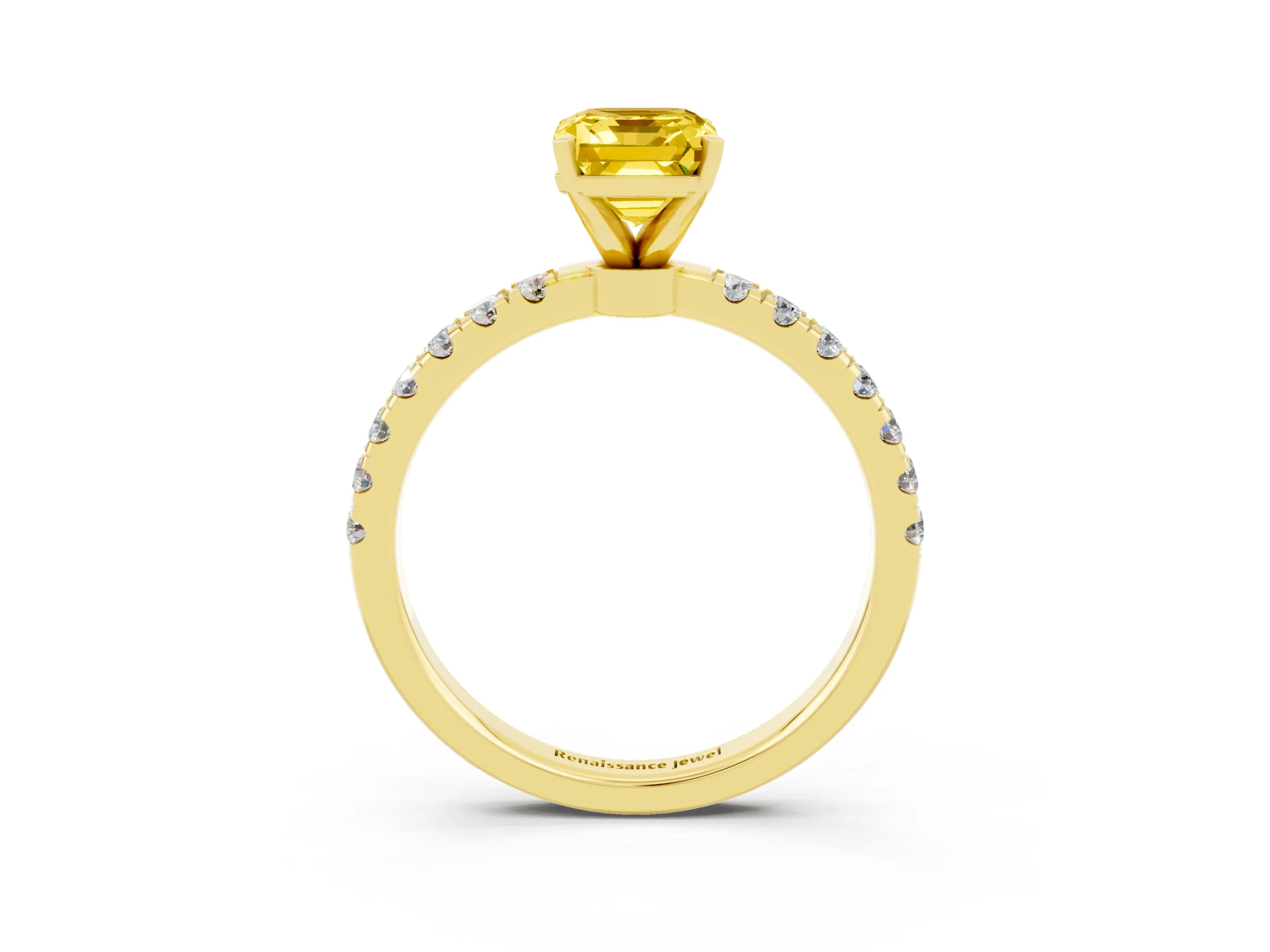 Yellow gold Emerald Cut Yellow Sapphire Solitaire Ring with Pavé Accents and Four-Prong Setting_27