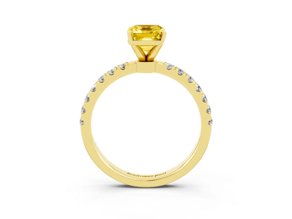 Yellow gold Emerald Cut Yellow Sapphire Solitaire Ring with Pavé Accents and Four-Prong Setting