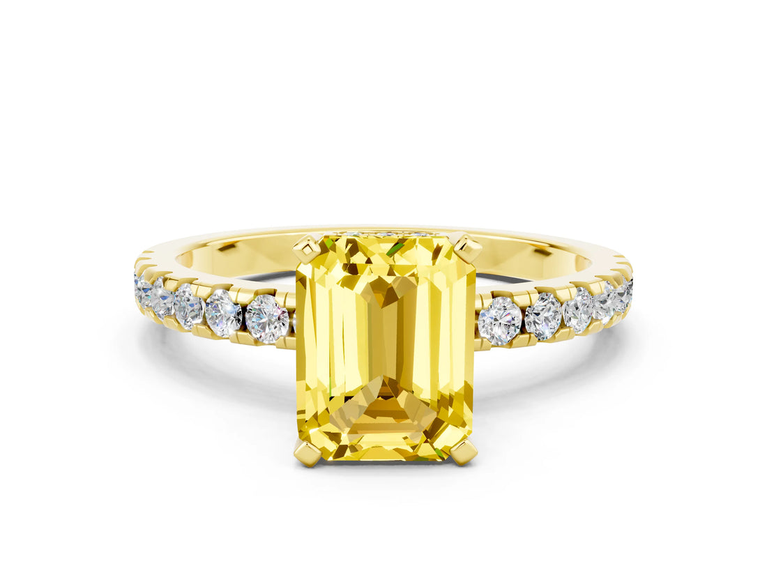 Yellow gold Emerald Cut Yellow Sapphire Solitaire Ring with Pavé Band and Four-Prong Setting_60