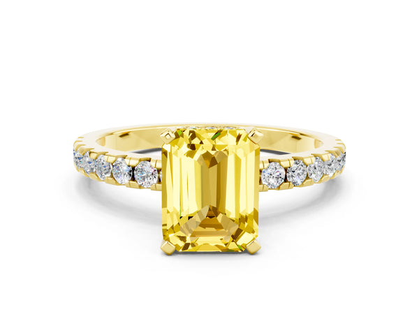 Yellow gold Emerald Cut Yellow Sapphire Solitaire Ring with Round  Pavé Band and Four-Prong Setting