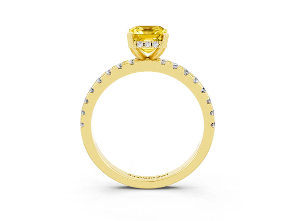 Yellow gold Emerald Cut Yellow Sapphire Solitaire Ring with Round  Pavé Band and Four-Prong Setting