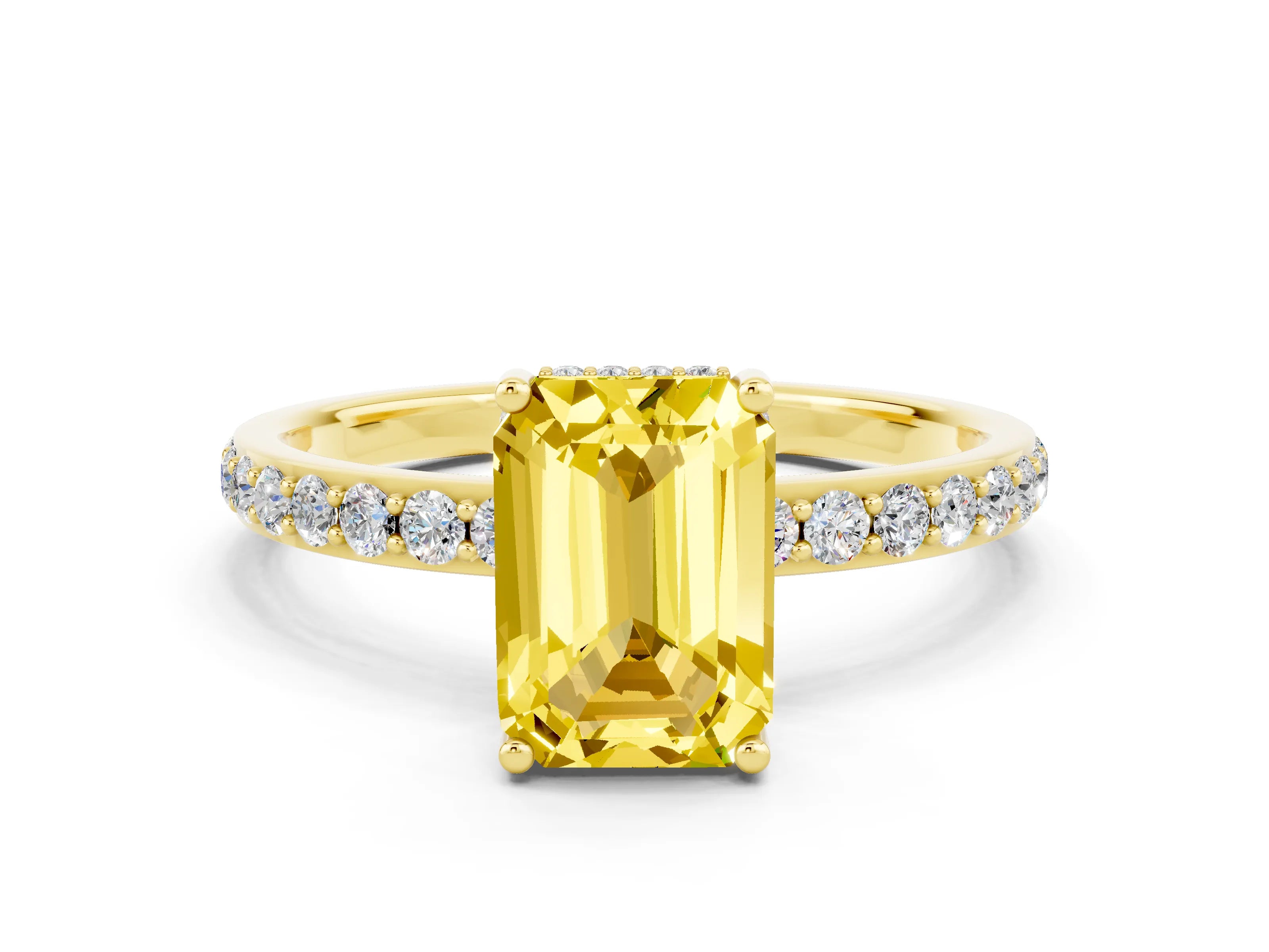 Yellow gold Emerald Cut Yellow Sapphire Solitaire Ring with Pavé Band and Hidden Halo_12