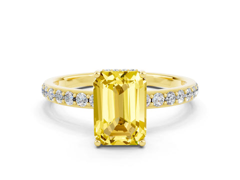 Yellow gold Emerald Cut Yellow Sapphire Solitaire Ring with Pavé Band and Hidden Halo_12