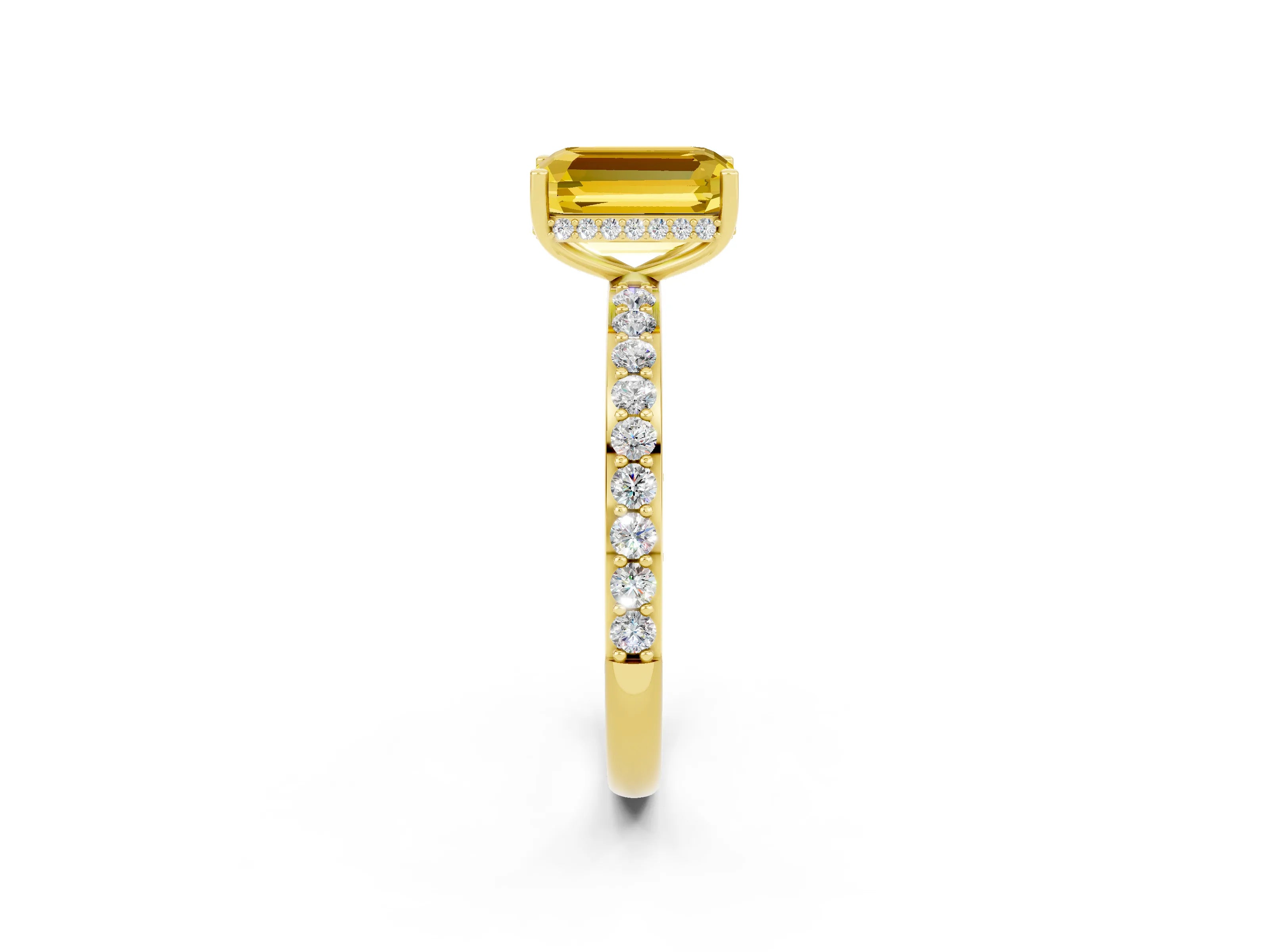Yellow gold Emerald Cut Yellow Sapphire Solitaire Ring with Pavé Band and Hidden Halo_14