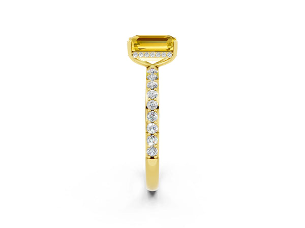 Yellow gold Emerald Cut Yellow Sapphire Solitaire Ring with Pavé Band and Hidden Halo