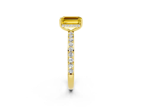 Yellow gold Emerald Cut Yellow Sapphire Solitaire Ring with Pavé Band and Hidden Halo_14