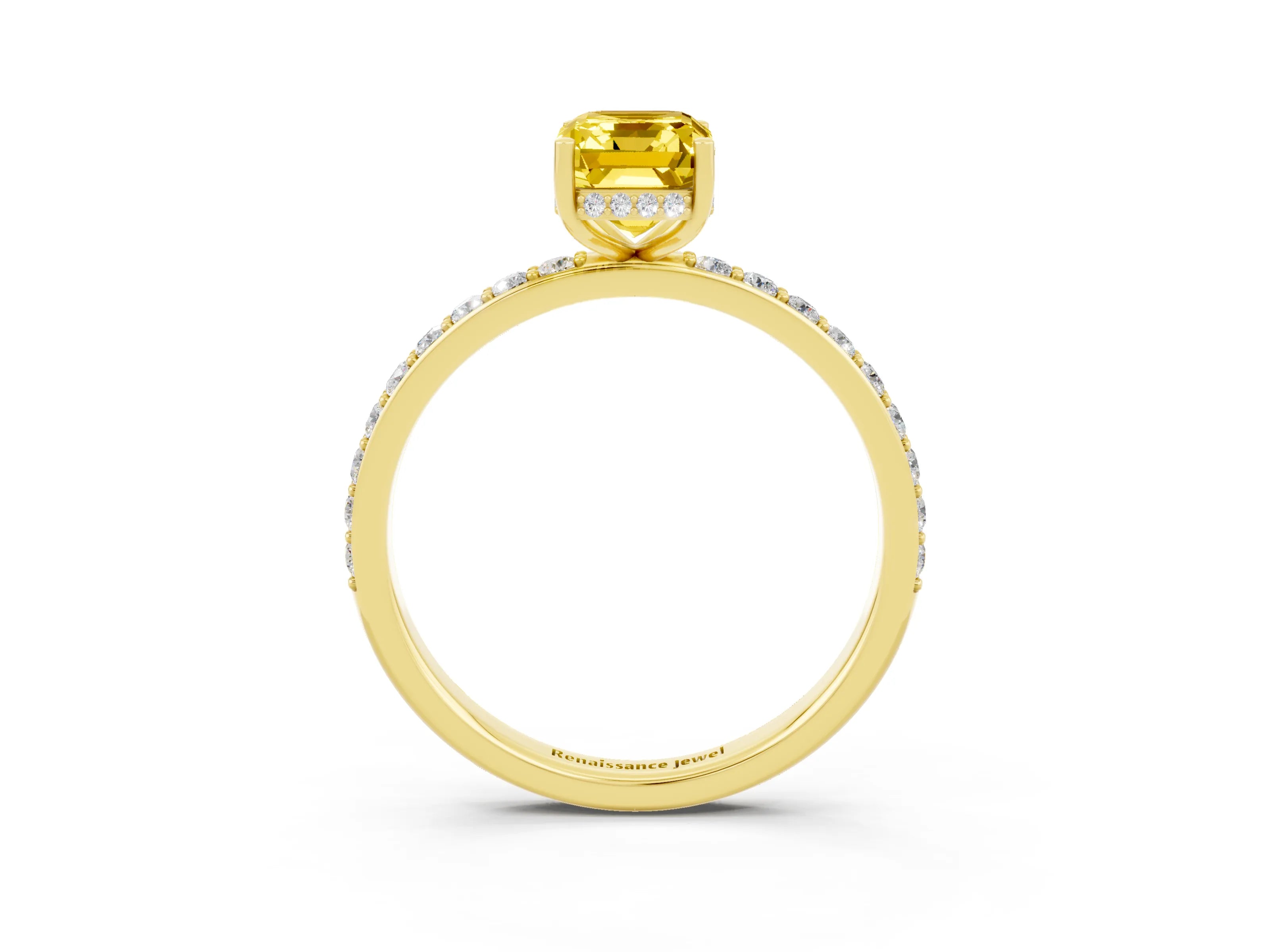 Yellow gold Emerald Cut Yellow Sapphire Solitaire Ring with Pavé Band and Hidden Halo_15