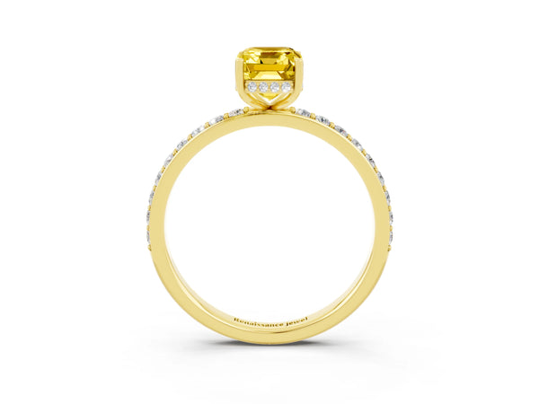 Yellow gold Emerald Cut Yellow Sapphire Solitaire Ring with Pavé Band and Hidden Halo