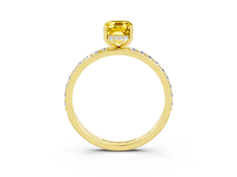 Yellow gold Emerald Cut Yellow Sapphire Solitaire Ring with Pavé Band and Hidden Halo_15