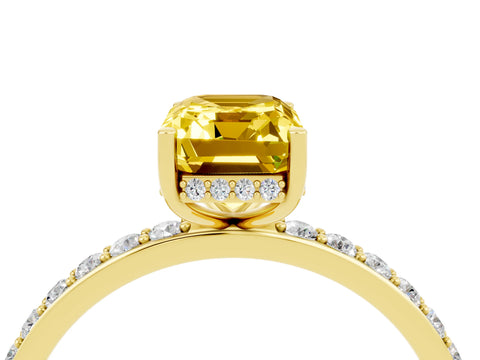 Yellow gold Emerald Cut Yellow Sapphire Solitaire Ring with Pavé Band and Hidden Halo_16
