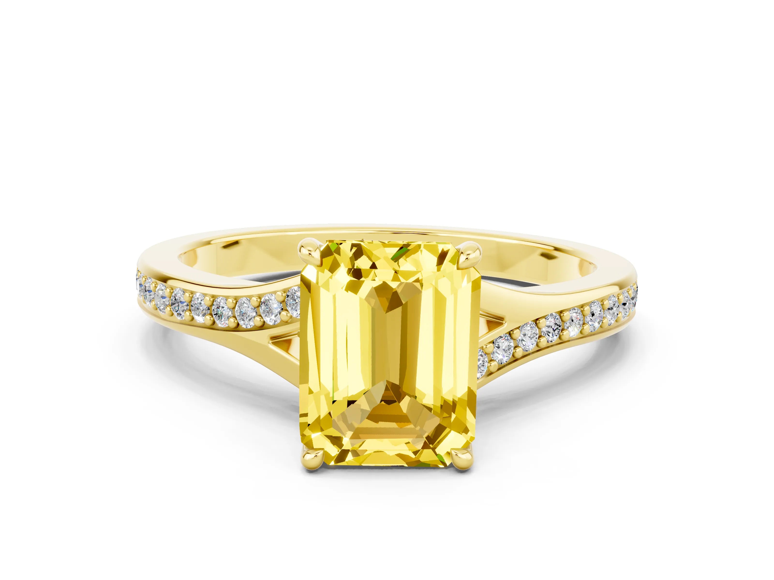 Yellow gold Emerald Cut Yellow Sapphire Solitaire Ring with Pavé Band and Prong Setting