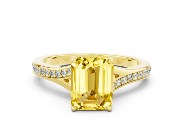 Yellow gold Emerald Cut Yellow Sapphire Solitaire Ring with Pavé Band and Prong Setting
