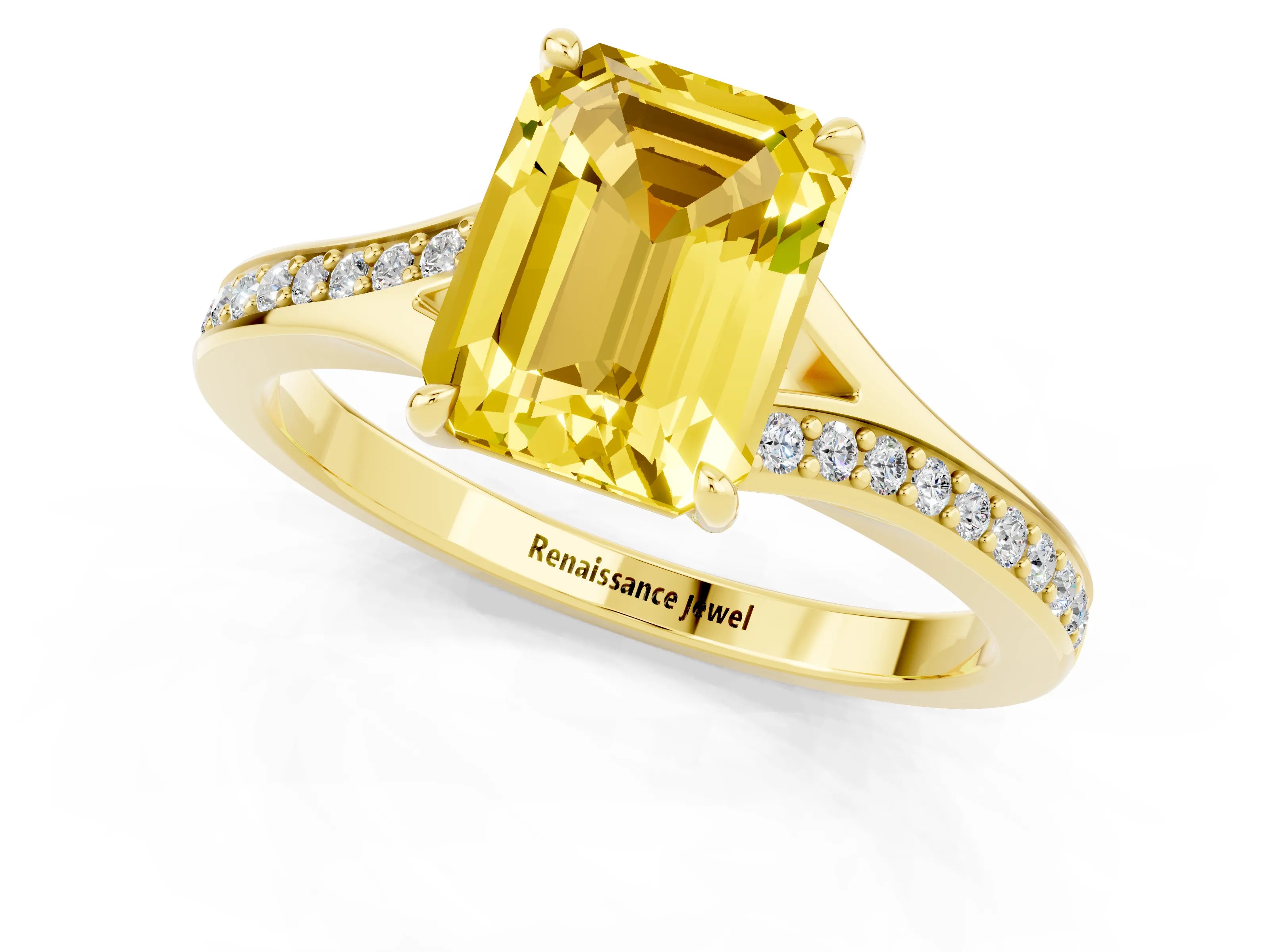 Yellow gold Emerald Cut Yellow Sapphire Solitaire Ring with Pavé Band and Prong Setting_1