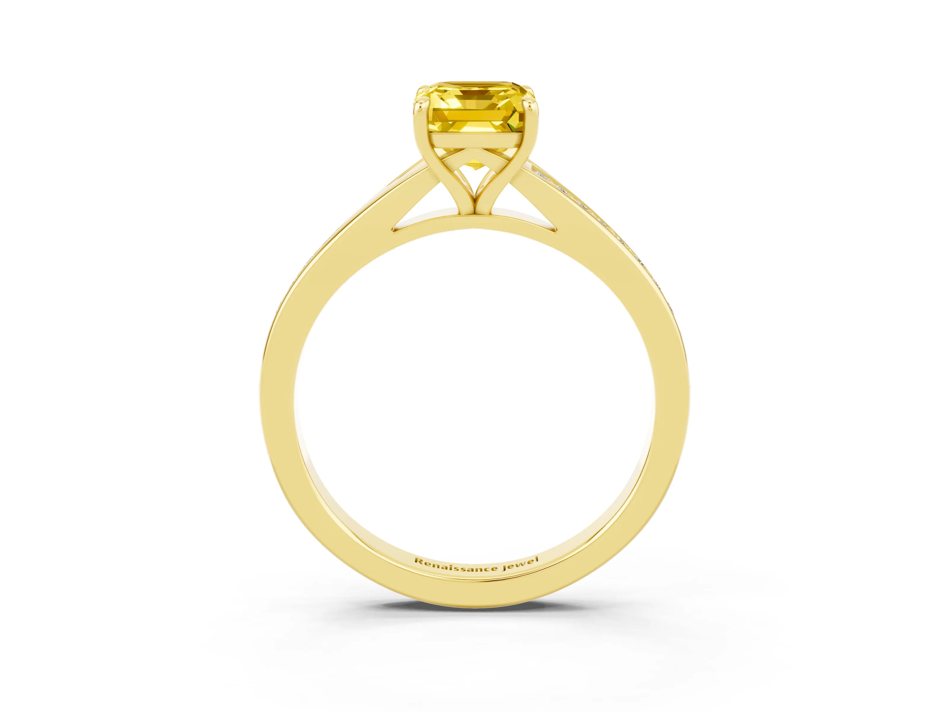 Yellow gold Emerald Cut Yellow Sapphire Solitaire Ring with Pavé Band and Prong Setting_3