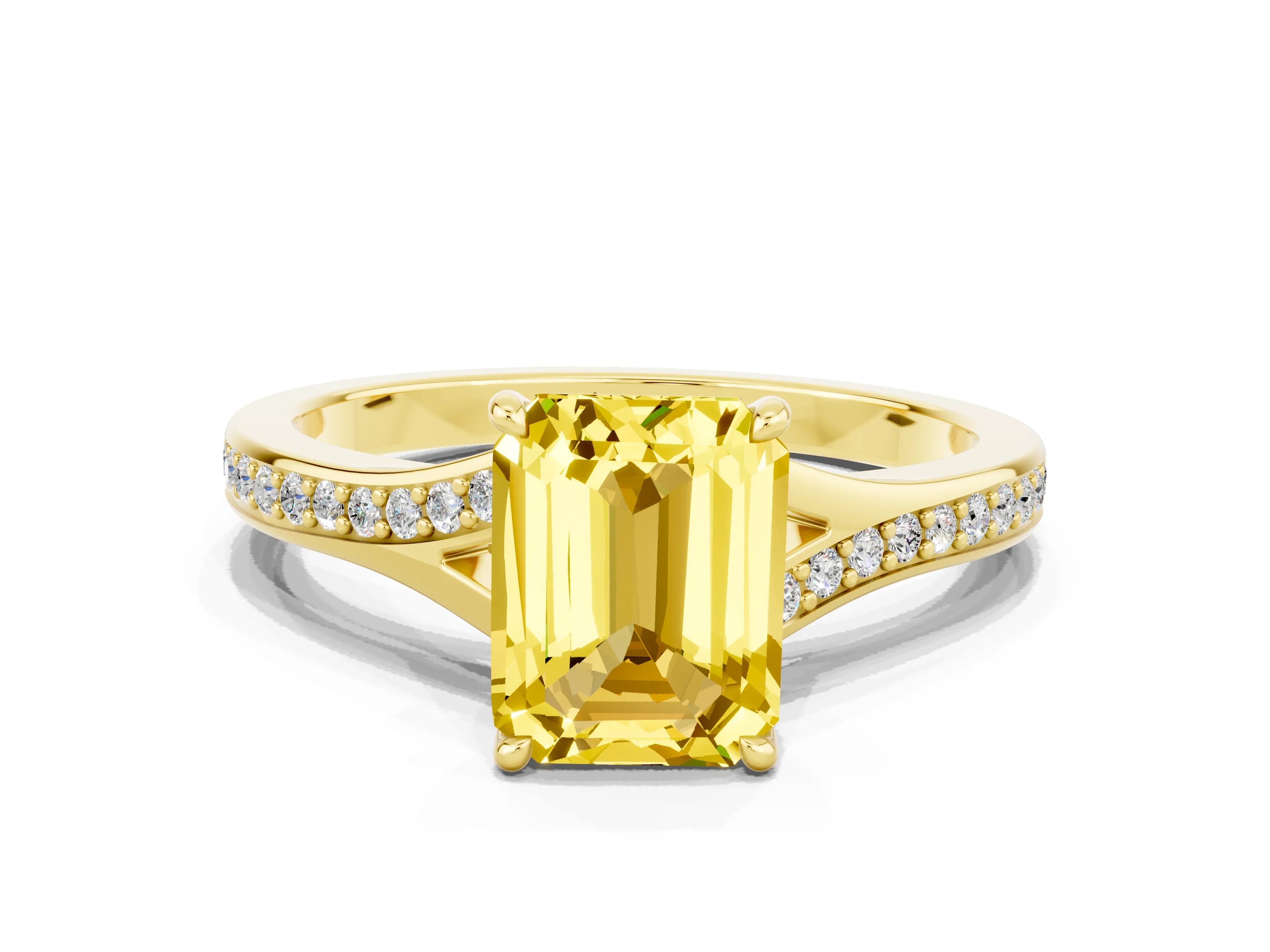 Yellow gold Emerald Cut Yellow Sapphire Solitaire Ring with Pavé Band and Prong Setting_36