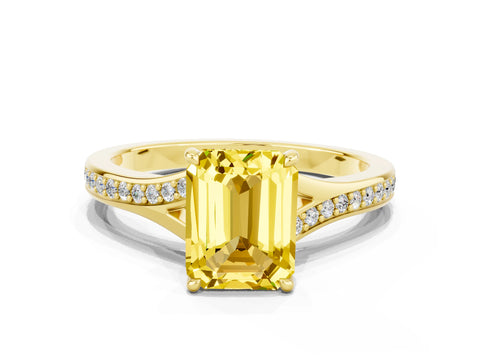 Yellow gold Emerald Cut Yellow Sapphire Solitaire Ring with Pavé Band and Prong Setting_36