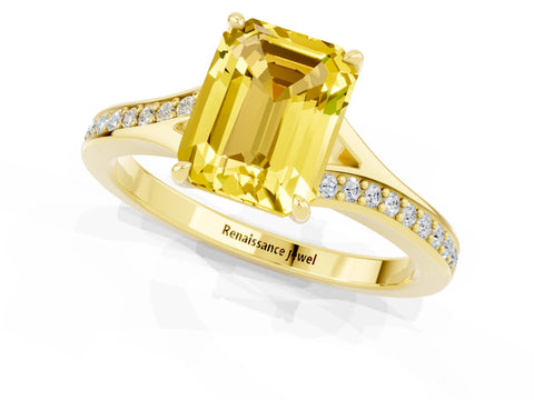 Yellow gold Emerald Cut Yellow Sapphire Solitaire Ring with Pavé Band and Prong Setting_37