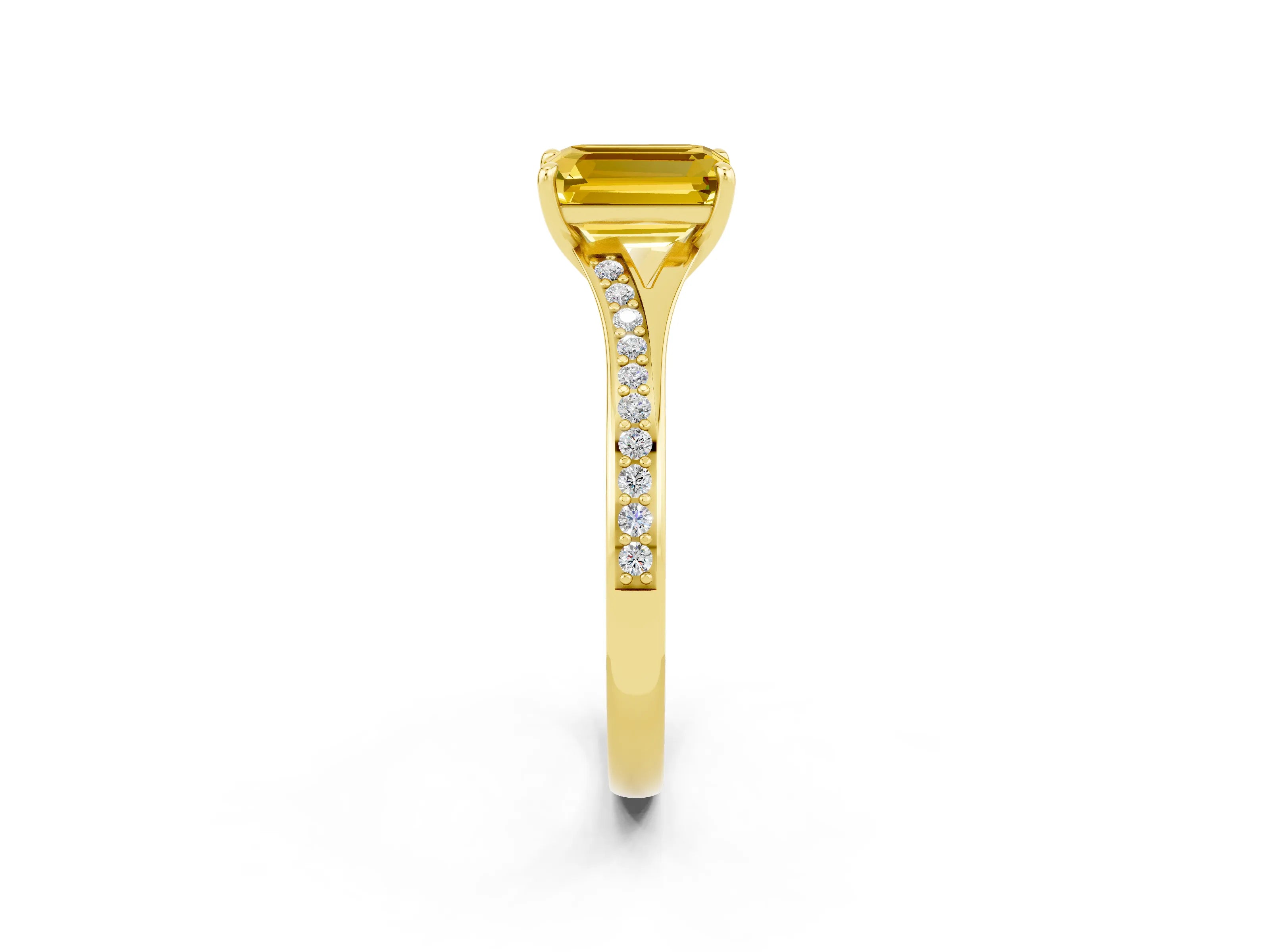 Yellow gold Emerald Cut Yellow Sapphire Solitaire Ring with Pavé Band and Prong Setting_38