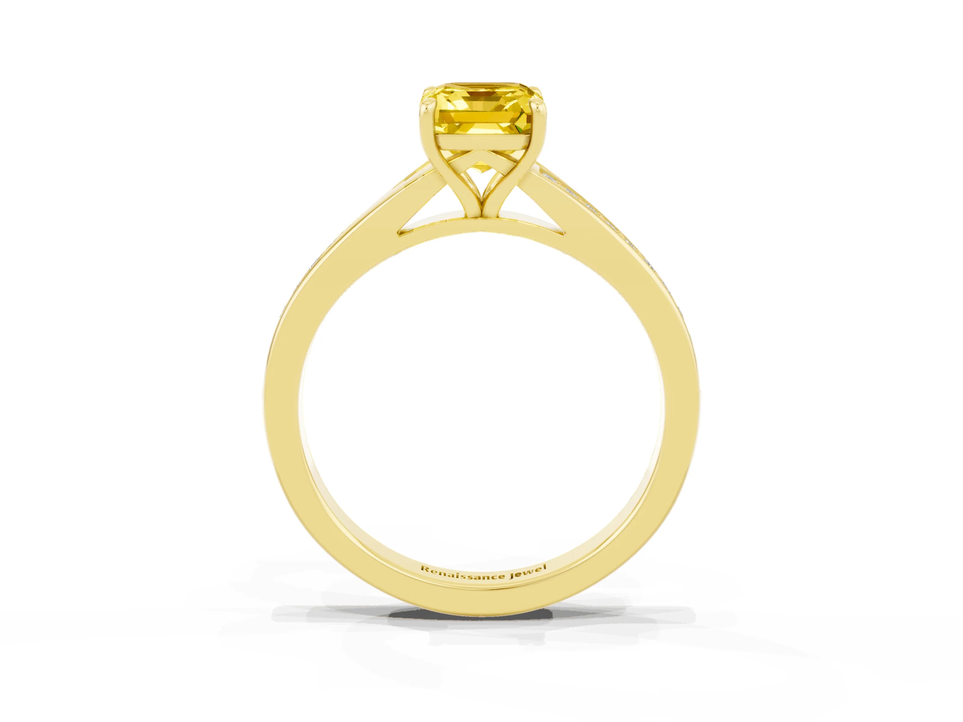 Yellow gold Emerald Cut Yellow Sapphire Solitaire Ring with Pavé Band and Prong Setting_39