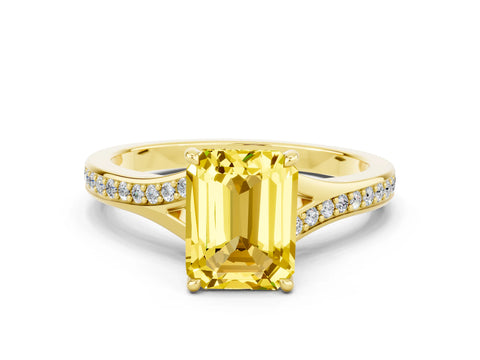 Yellow gold Emerald Cut Yellow Sapphire Solitaire Ring with Pavé Band and Prong Setting