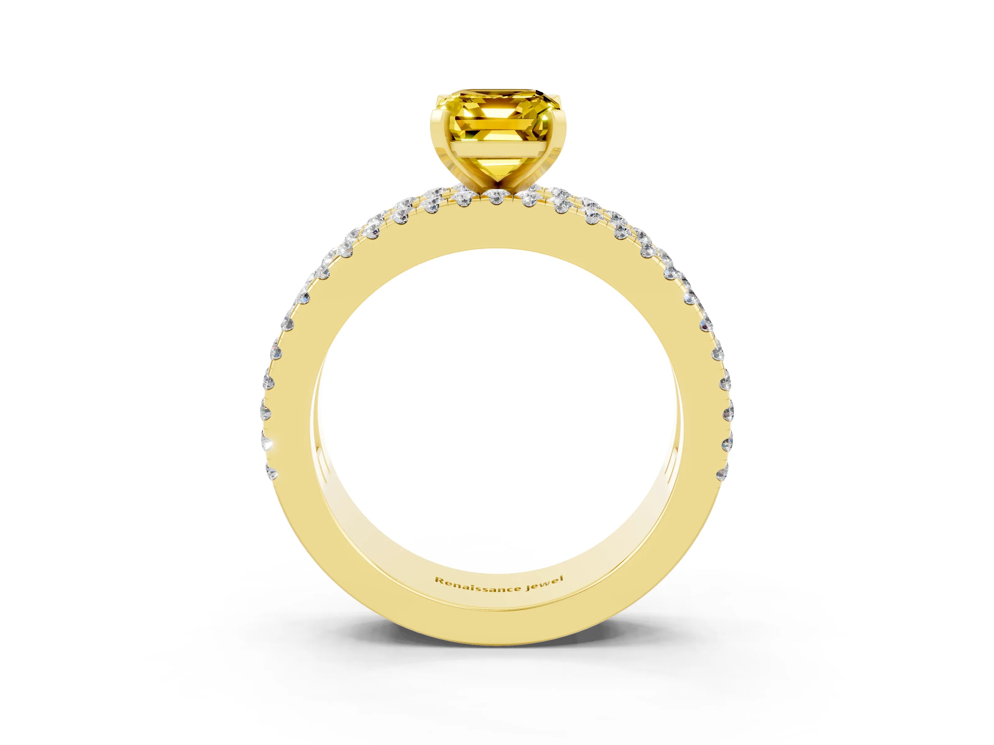 Yellow gold Emerald Cut Yellow Sapphire Solitaire Ring with Pavé and Channel Set Band_27