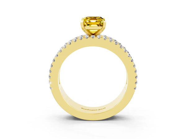 Yellow gold Emerald Cut Yellow Sapphire Solitaire Ring with Pavé and Channel Set Band