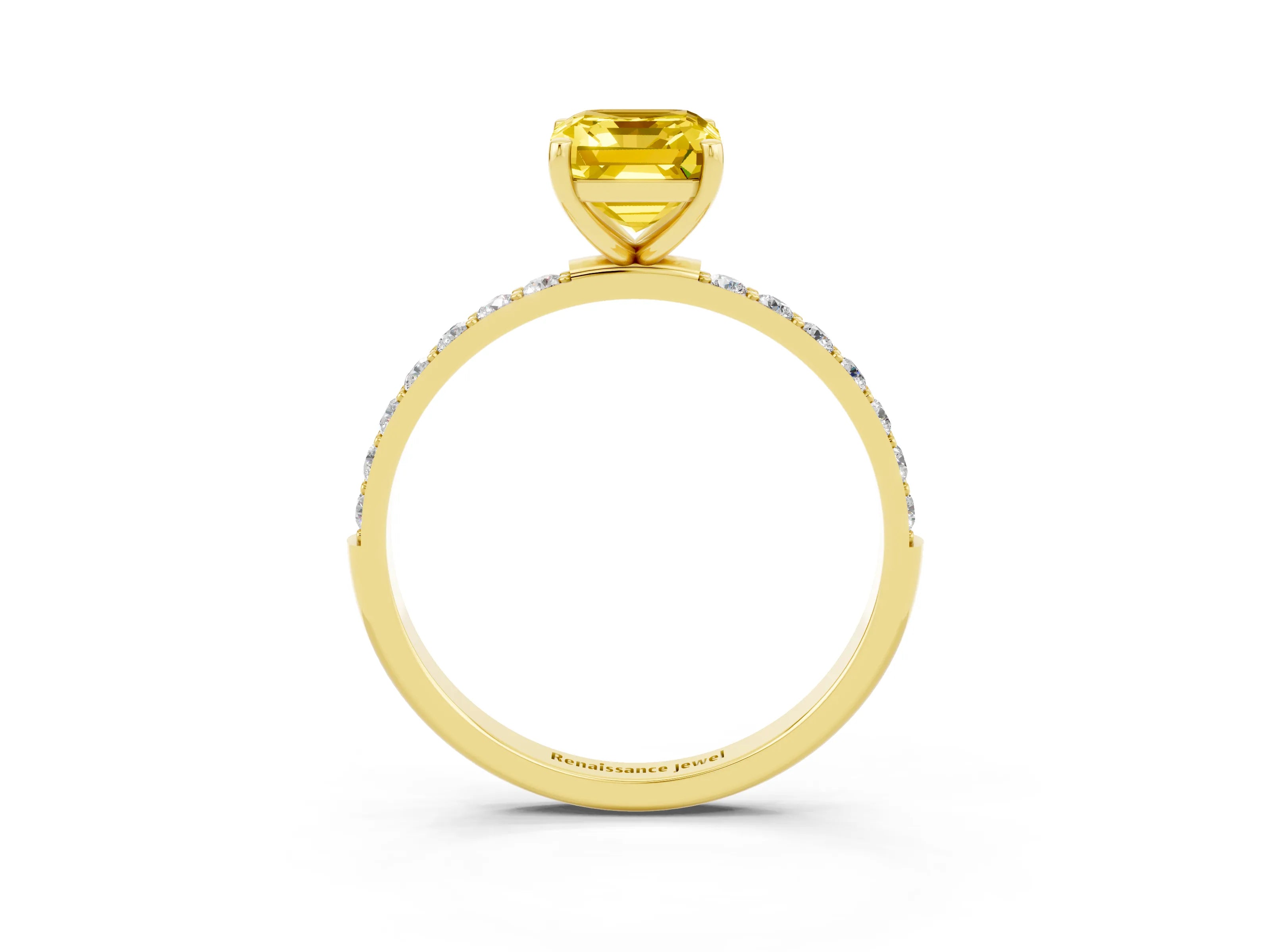 Yellow gold Emerald Cut Yellow Sapphire Solitaire Ring with Pave Band and Four Prong Setting_39