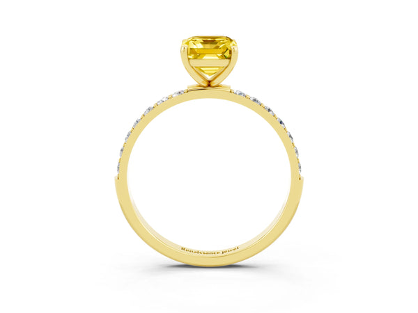 Yellow gold Emerald Cut Yellow Sapphire Solitaire Ring with Round  Pavé Band and Prong Setting