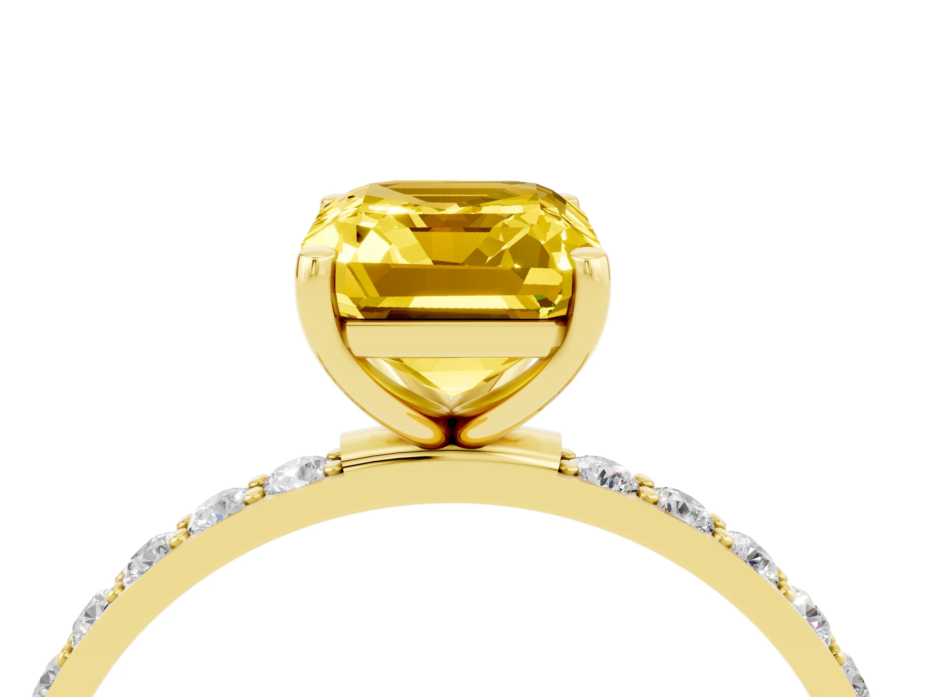 Yellow gold Emerald Cut Yellow Sapphire Solitaire Ring with Pave Band and Four Prong Setting_40