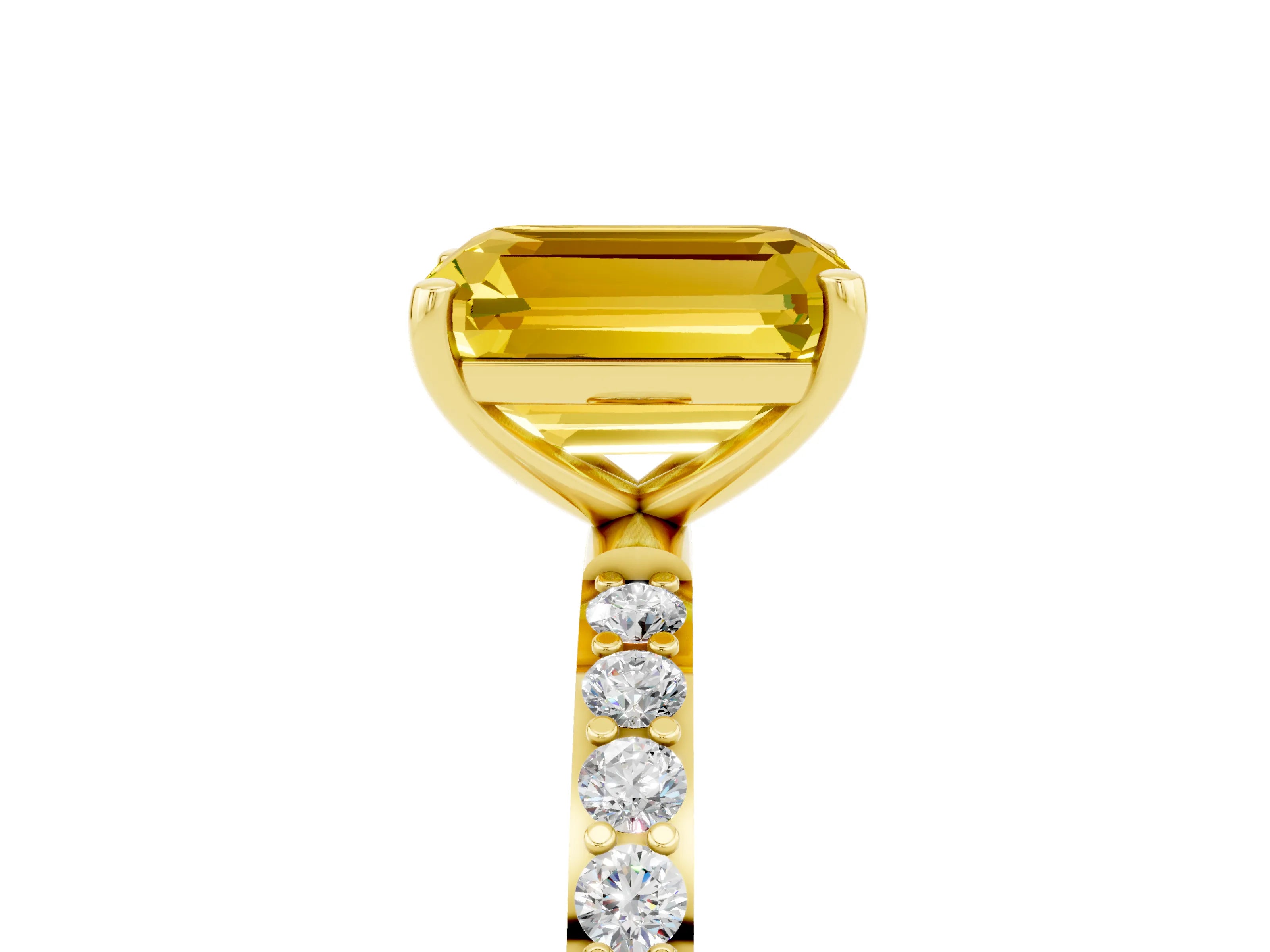 Yellow gold Emerald Cut Yellow Sapphire Solitaire Ring with Pave Band and Four Prong Setting_41