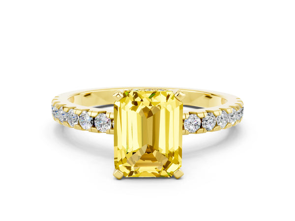 Yellow gold Emerald Cut Yellow Sapphire Solitaire Ring with Round  Pavé Band and Four-Prong Setting