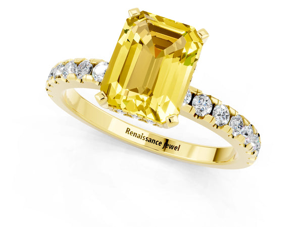 Yellow gold Emerald Cut Yellow Sapphire Solitaire Ring with Round  Pavé Band and Four-Prong Setting