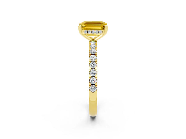 Yellow gold Emerald Cut Yellow Sapphire Solitaire Ring with Round  Pavé Band and Four-Prong Setting